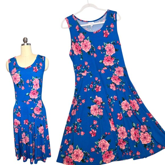 LuLaRoe Nicki Dress XL Floral Blue Pink Sleeveless Pockets Spring Cottagecore - Picture 1 of 9